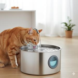 Fontaine à eau pour chat moderne en acier inoxydable 304 léger de 3,2 L avec fenêtre de niveau d'eau arrondie pour petits animaux de toutes générations - Product Image 1