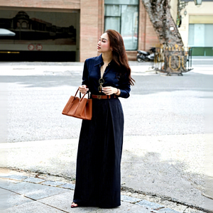 Q9047 Premium Double Belt Pleated Pinstripe Pants <b>Women</b> Loose Fit Office <b>Slacks</b> Wholesale - Product Image 1