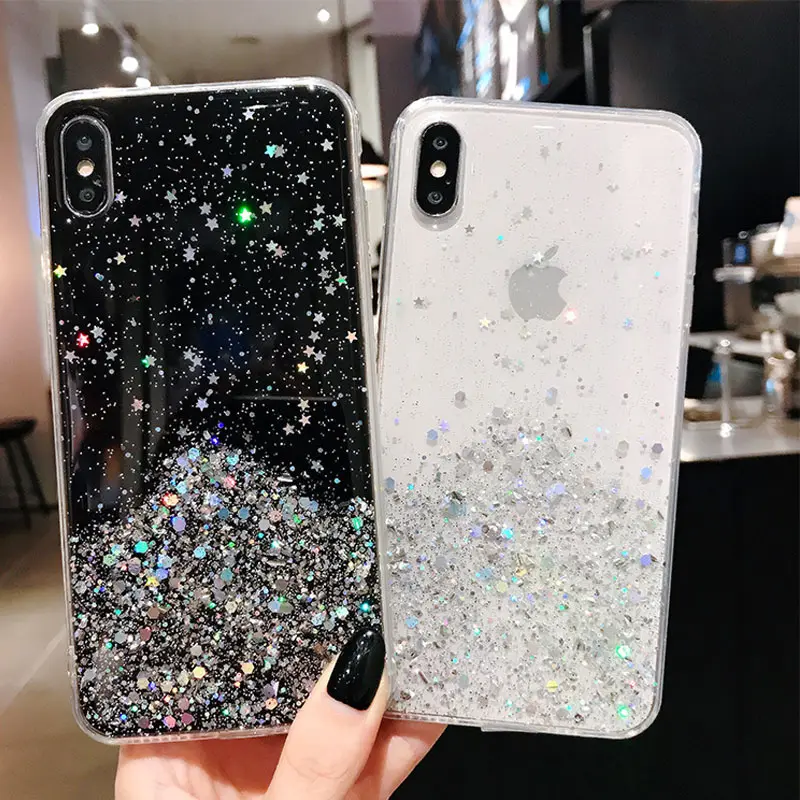 Brillante lentejuelas suave claro cubierta Bling Glitter estrella suave TPU caso para iPhone 12 11 Pro Max X XR XS Max 7 para Samsung caso