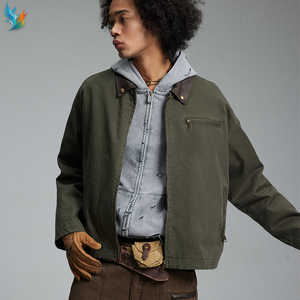 Abrigo de Trabajo para <span class=keywords><strong>Hombre</strong></span> Detroit de Lona Lavada Premium, Color Verde Oliva, Estilo Oversize, con Cuello de Cuero - Product Image 4