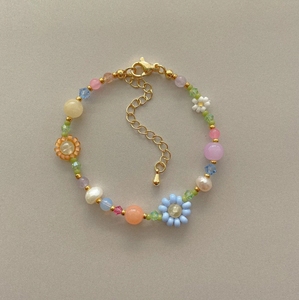 Whimsical Jewelry Women Gemstone Adjustable Gemstone Seed Beaded Multicolor Gold Flower Leaf Pearl Healing Crystal <strong>Bracelet</strong>