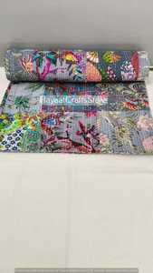 Handmade Indian Floral Printed Kantha Quilt Organic Cotton Traditional Home Decor All Season Green White Pattern - Product Image 2