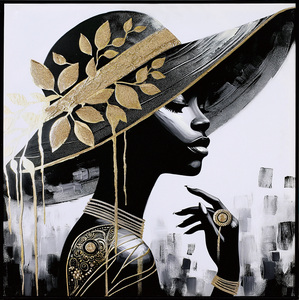 Dipinto Murale Moderno ed Elegante con Signora <span class=keywords><strong>e</strong></span> Cappello con Foglia d'Oro, Ritratto Astratto in <span class=keywords><strong>Bianco</strong></span> <span class=keywords><strong>e</strong></span> <span class=keywords><strong>Nero</strong></span> per Arredamento di Lusso - Product Image 3