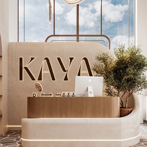Service de design d'intérieur pour salon de coiffure et de beauté, présentoir multi-niveaux sur mesure et comptoir de présentation incurvé bio - Product Image 1