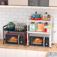 Étagère de comptoir à 2 niveaux avec 3 crochets, capacité de 160 lb, noir mat, extensible, pour four à micro-ondes, pour cuisine