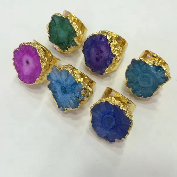 LS-D2729 Women Fashion Druzy Ring 24K Gold Plated Rainbow Flower Solar Quartz Band Ring Jewelry