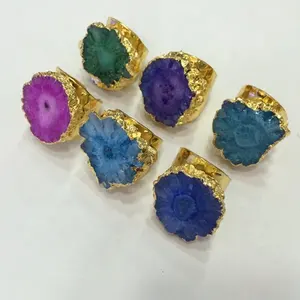 LS-D2729 Women Fashion Druzy Ring 24K Gold Plated Rainbow Flower Solar Quartz Band Ring Jewelry