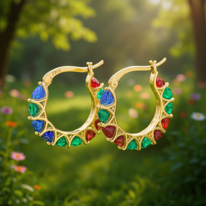 Boucles d'oreilles créoles dorées E4386, couleurs mélangées, géométriques, tendance, pour femme, usage quotidien, serties de cristaux - Product Image 2