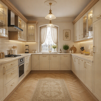Meuble de cuisine de style français classique avec porte vitrée, en contreplaqué de luxe, structure murale en MDF, évier intégré, tiroirs et paniers de rangement, accessoires de cuisine