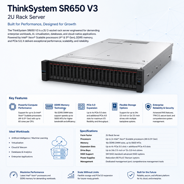 ThinkSystem SR650 V3 2U Rack Server Intel Xeon Scalable Gen4 Gen5 DDR5 PCIe 5.0 Enterprise AI Cloud Server