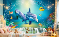 Papier peint 3D dessin animé dauphin sous-marin, autocollant amovible, motif corail et poissons océaniques, pour chambre d'enfant et décoration murale de crèche