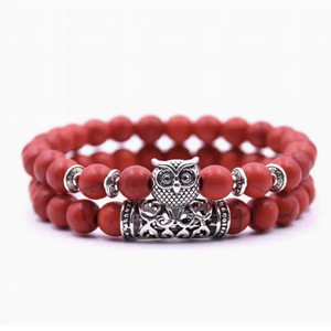 Pulsera de Piedras Naturales con Cuentas de Búho, Roca Volcánica y Pino Rojo, Versátil para Parejas, Venta Directa de Fábrica - Product Image 1