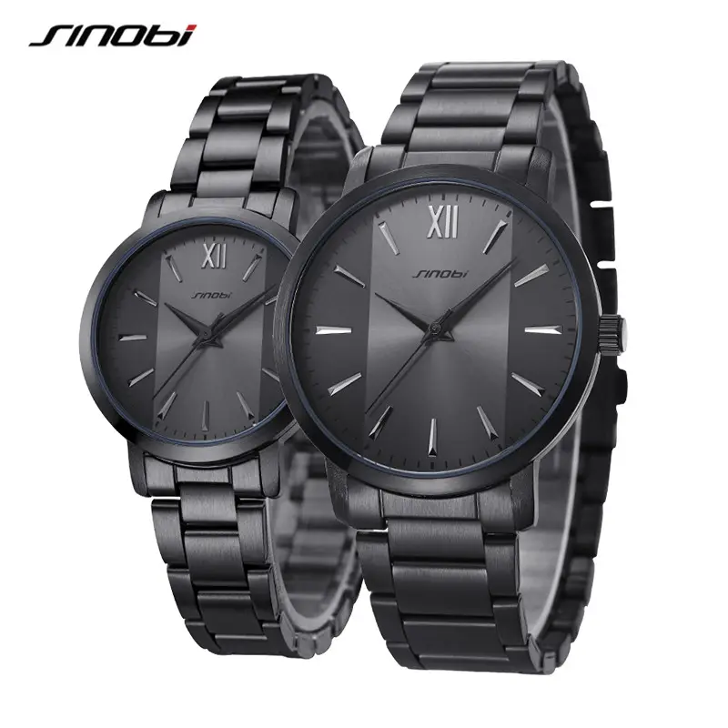 SINOBI элегантные черные часы с ремешками из нержавеющей стали, водонепроницаемые и кварцевые часы