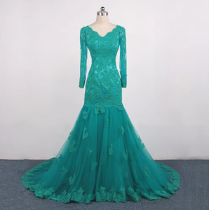 VE067 Nuovo Design Abito Lungo da Spiaggia Verde a Sirena con Scollo a V, Applicazioni <span class=keywords><strong>in</strong></span> <span class=keywords><strong>Pizzo</strong></span>, Maniche Lunghe, Sexy, con Lacci, <span class=keywords><strong>Taglie</strong></span> Forti, Vendita all'Ingrosso - Product Image 1