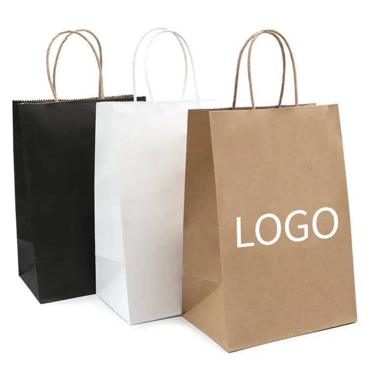 MOQ10 stock blanco y marrón papel Kraft mango trenzado bolsa de compras con logotipo impreso