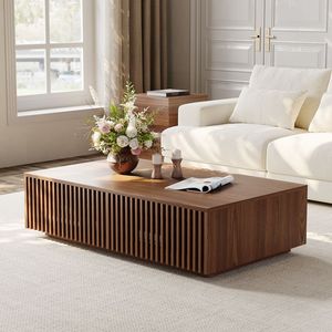 Ajunion hiện đại hình chữ nhật Bàn cà phê Gỗ Óc Chó Màu Slatted Bàn cà phê phòng khách đồ nội thất trung tâm bảng hoàn toàn lắp ráp - Product Image 1