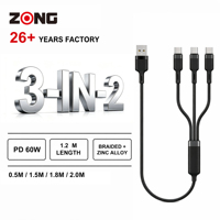 Kabel Multi 3 in 2 a ke 3C PD 60W 3A/20V Kompatibel untuk Laptop Monitor VR Apple Watch Nirkabel
