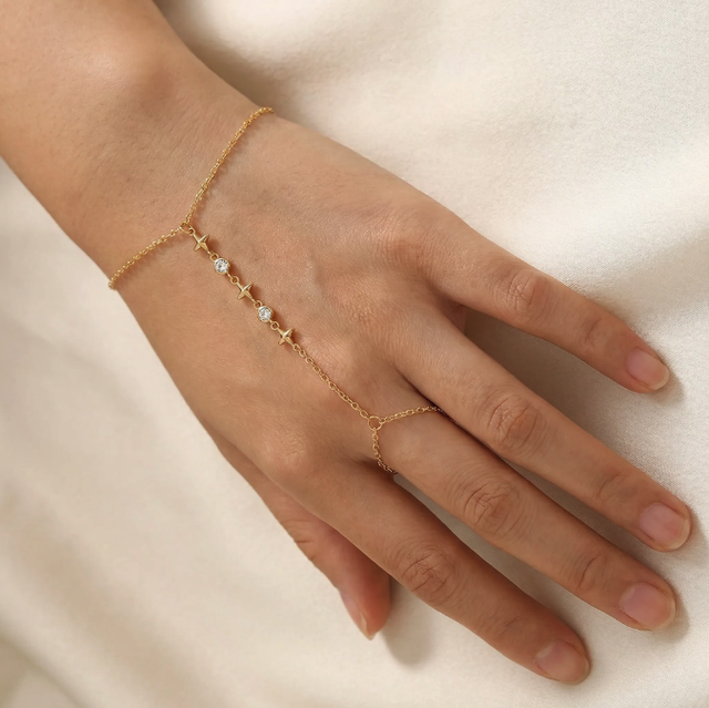 18K Gold Plated Stainless Steel Adjustable Hand Chain Ring Bracelet for Women Geometric Finger Bracelet Anti Tarnish Jewelry