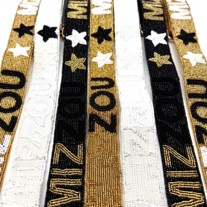 Handmade Embroidered Cotton <b>Handbag</b> Strap with Stars and Letters Rectangular Shape Black Gold <b>Silver</b> Hooks - Product Image 1