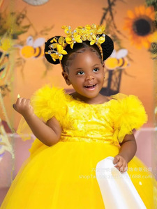 Abito <span class=keywords><strong>da</strong></span> Principessa Giallo in Pizzo per Damigella d'Onore, Vestito <span class=keywords><strong>da</strong></span> <span class=keywords><strong>Ballo</strong></span> per Feste di Compleanno per Bambine, Abito per il Riunione Annuale dei Bambini - Product Image 3