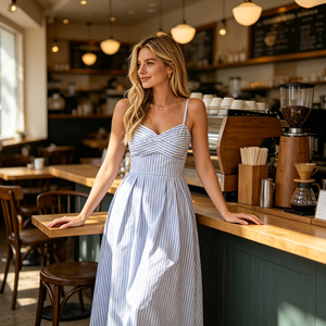 Abito Midi Estivo da Donna <span class=keywords><strong>a</strong></span> <span class=keywords><strong>Righe</strong></span> <span class=keywords><strong>Blu</strong></span> <span class=keywords><strong>e</strong></span> Bianche con Scollo <span class=keywords><strong>a</strong></span> Cuore, Bustino Incrociato <span class=keywords><strong>e</strong></span> Gonna <span class=keywords><strong>a</strong></span> Pieghe <span class=keywords><strong>a</strong></span> Trapezio - ODM/OEM - Product Image 2
