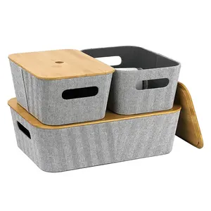 Conjunto de cajas organizadoras plegables para el hogar, cestas de almacenamiento de tela de Tweed multiusos, Juego de 3 con tapa de Bambú