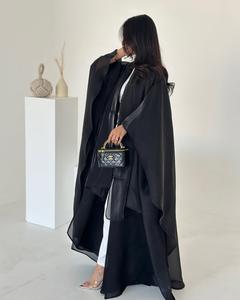 2025 düz renk organze Turkiye Dubai açık Abaya başörtüsü 2-piece Set toptan parlak müslüman Kimono hırka başörtüsü ile - Product Image 4