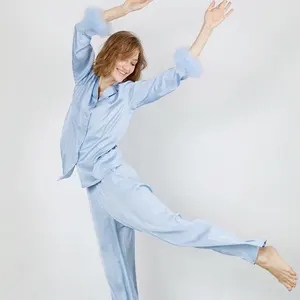 2023 Summer Fashion Pajamas Long sleeved Blue Feather Pants Casual Ice Silk Design Women's Home Fur