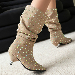 Big Size 46 Pleated Upper Mid Calf Boots Pointed Toe Suede Shoes Women Low Spike Heels Bling Rhinestone Half Knee High <b>Booties</b> - Product Image 4