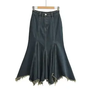 Zipper fly denim blue color pleated casual fashion long jeans skirt for women