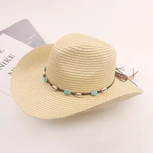 Classic Western Upturned Wide Brim Tiny Shell Green Jewel -ribbon Cowboy Female Hat