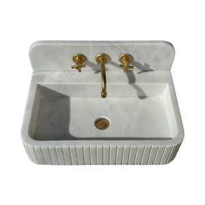 Lavabo de salle de bain en marbre blanc de Carrare de luxe avec dosseret, vente en gros - Product Image 1