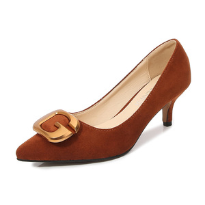 Xuanhui Korean Style Metal Buckle <strong>Red</strong> <strong>Suede</strong> Kitten Heel Pumps Pointed Toe slip on 5cm High Heels Woman <strong>Shoes</strong> for Party Office - Product Image 5