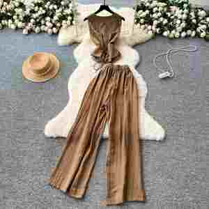 Ensemble décontracté d'été 2 pièces pour femme : Haut tunique respirant sans manches à col en V et bas taille haute – Vente en gros - Product Image 4