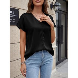 Womens Silk Satin Blouse Cap Sleeve V Neck Dressy Casual <b>Top</b> Office Work Summer Breathable Simple Style - Product Image 3