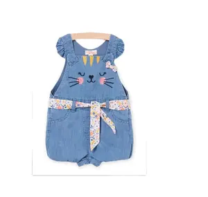 Newborn romper baby girl Outfits ruffle light jeans color with cat embroidery baby summer romper