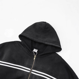 Áo hoodie cao cấp tùy chỉnh 500gsm chất lượng cao, cotton tẩy acid, dành cho nam, kiểu vintage sọc đen trắng, khóa kéo - Product Image 2