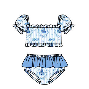 S0758 Traje de Baño Personalizado para Niña Pequeña, Diseño de Lazo Azul y Castillo, Venta al por Mayor, Traje de Baño de Manga Corta de 2 Piezas - Product Image 1