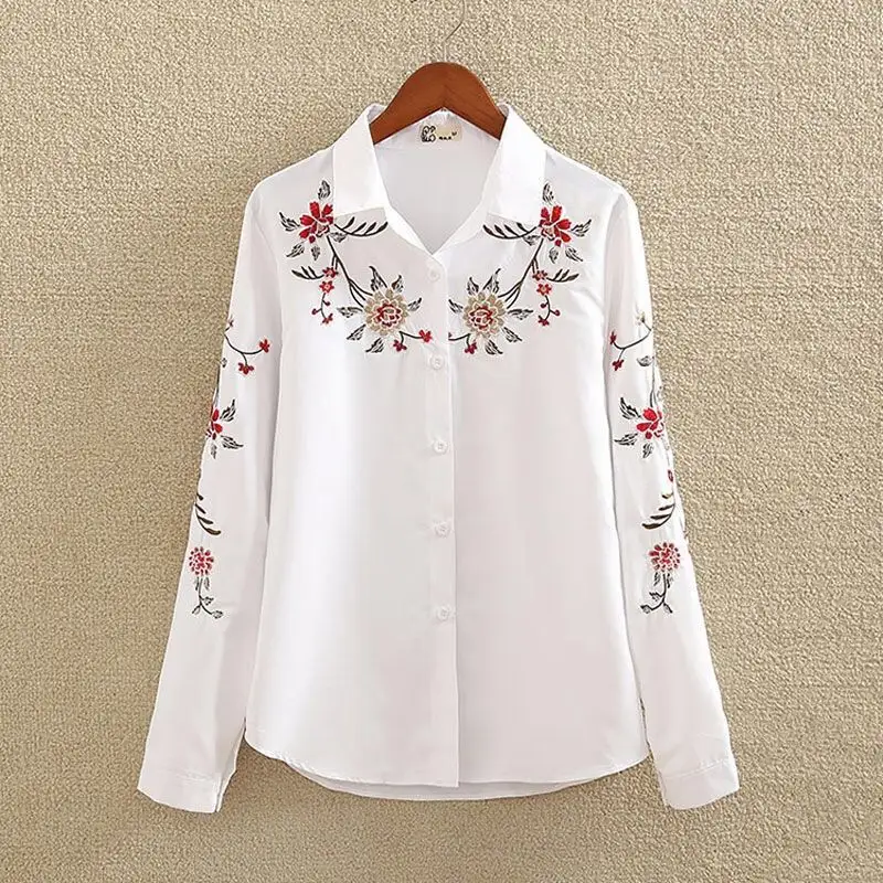 Floral Embroidered Blouse Shirt Women Slim White Tops Long Sleeve Blouses Woman Office Lady Casual Wear Shirts plus size