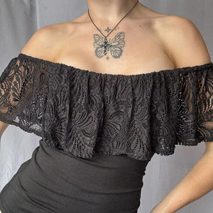 Camiseta de punto con ribete de encaje para mujer, manga corta, cuello redondo, estilo callejero Y2K, camiseta informal de verano para mujer - Product Image 3