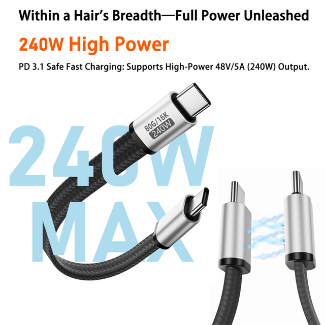 New 240W High Power USB-C Cable 18cm 80Gbps Data Transfer 16K Output Magnetic Folding Braided Flat Short Type-C to Type-C Cord