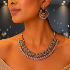 Gold Plated Alloy Fancy Collection Geometric Zircon <b>Pearl</b> Kundan Certified High Quality Latest Designed <b>Necklace</b> <b>Set</b> Jewelry - Product Image 3