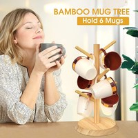 Support de rangement suspendu pour tasses de cuisine, séchoir à tasses en bambou avec 6 crochets pour mugs et tasses à café