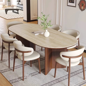 Hiện đại tro rắn gỗ bàn ăn đặt 8 ghế với đá cẩm thạch đầu hình bầu dục chân cho nhà hoặc nhà hàng nhà bếp bảng cho bữa ăn tối - Product Image 1