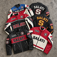Blouson Moto Colorblock Brodé avec Patch Lettres, Fermeture Éclair, Col Montant, Style Streetwear Décontracté pour Hommes - Vente en Gros