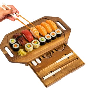 Bandeja de madera para servir sushi con cajón de almacenamiento, forma de barco, color marrón oscuro, para comidas de hotel y té/café - Product Image 1