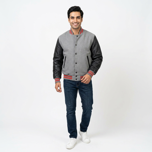 2026 New Custom Men's Winter Jacket Canvas Stand Collar <b>Leather</b> Sleeves Letterman Varsity CollegeBaseballjacket for men - Product Image 1