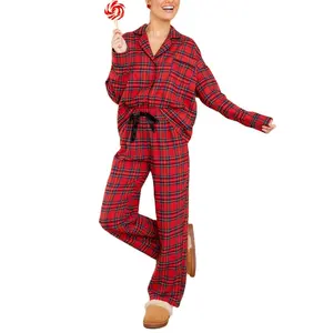 Оптовая продажа, весенняя одежда для сна, красные клетчатые брюки, комплект из рубашки с длинным рукавом и длинных брюк, рождественские женские пижамы