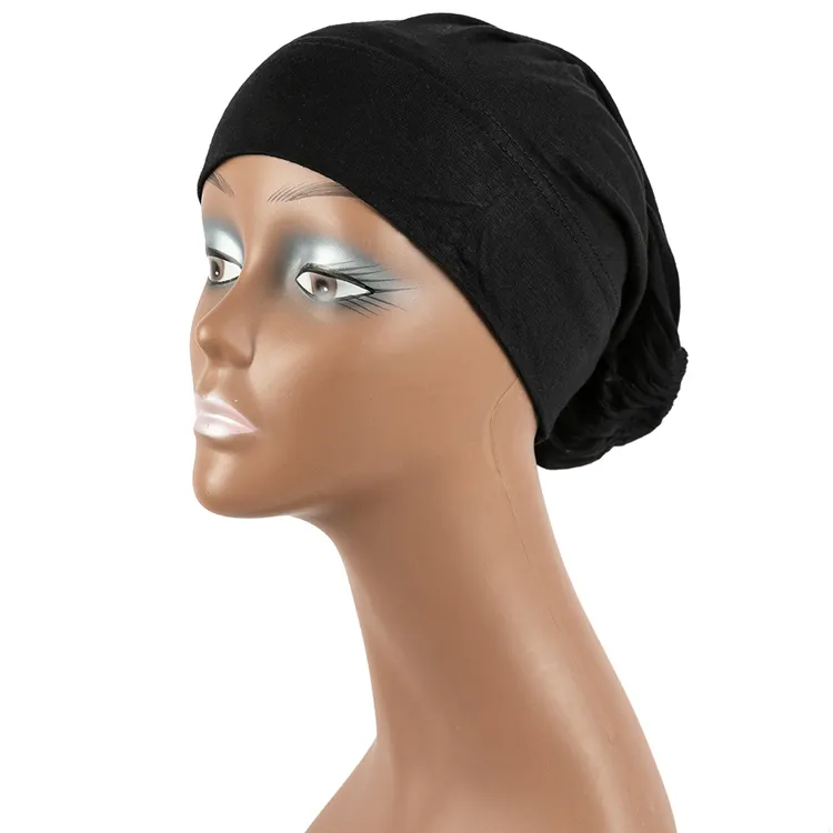 Gorros Hijab de algodón de Color liso para mujeres y niñas musulmanas, gorro interior, turbante negro