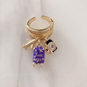 Anello da viaggio Tk-L629, nuovo arrivo, regalo per amanti dei viaggi, placcato oro, micro zirconi cubici, anello aperto con goccia viola, a forma di valigia e aereo - Product Image 5